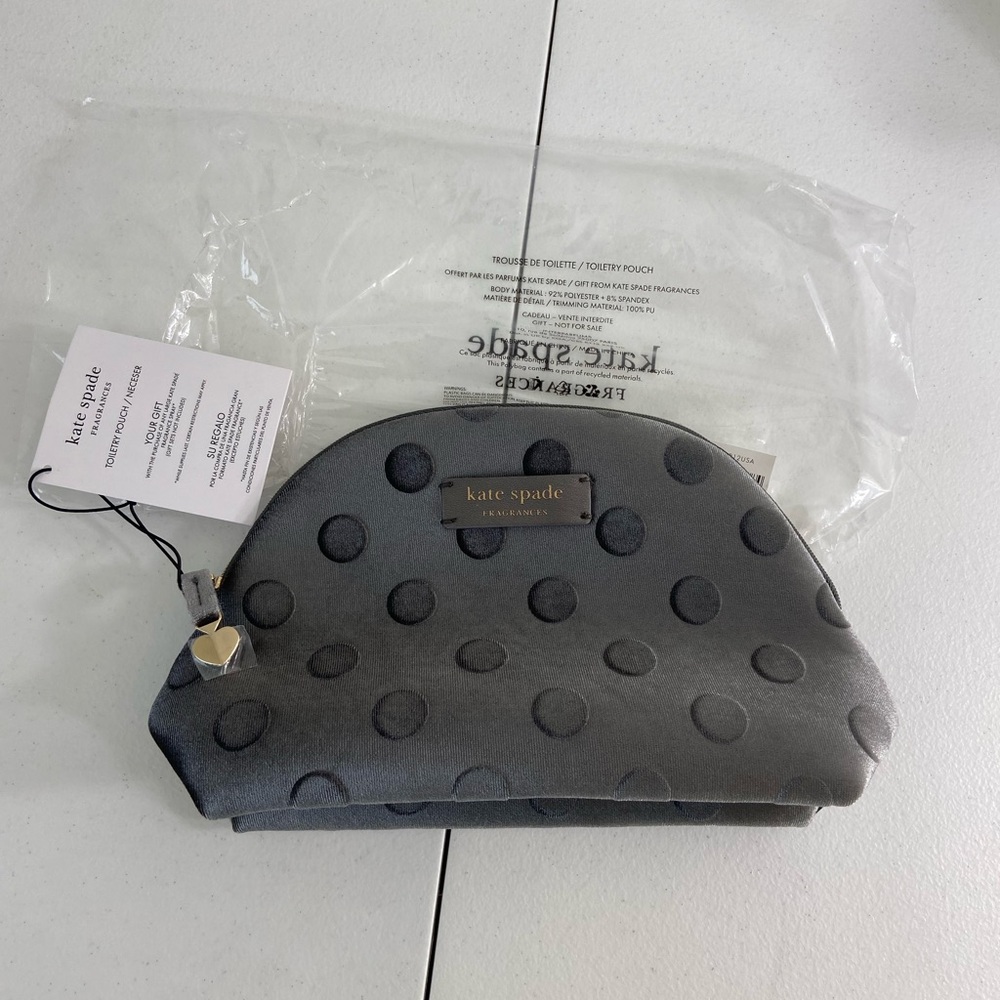 NEW Kate Spade women’s dark gray polka dotted spotted gold hardware toiletry bag